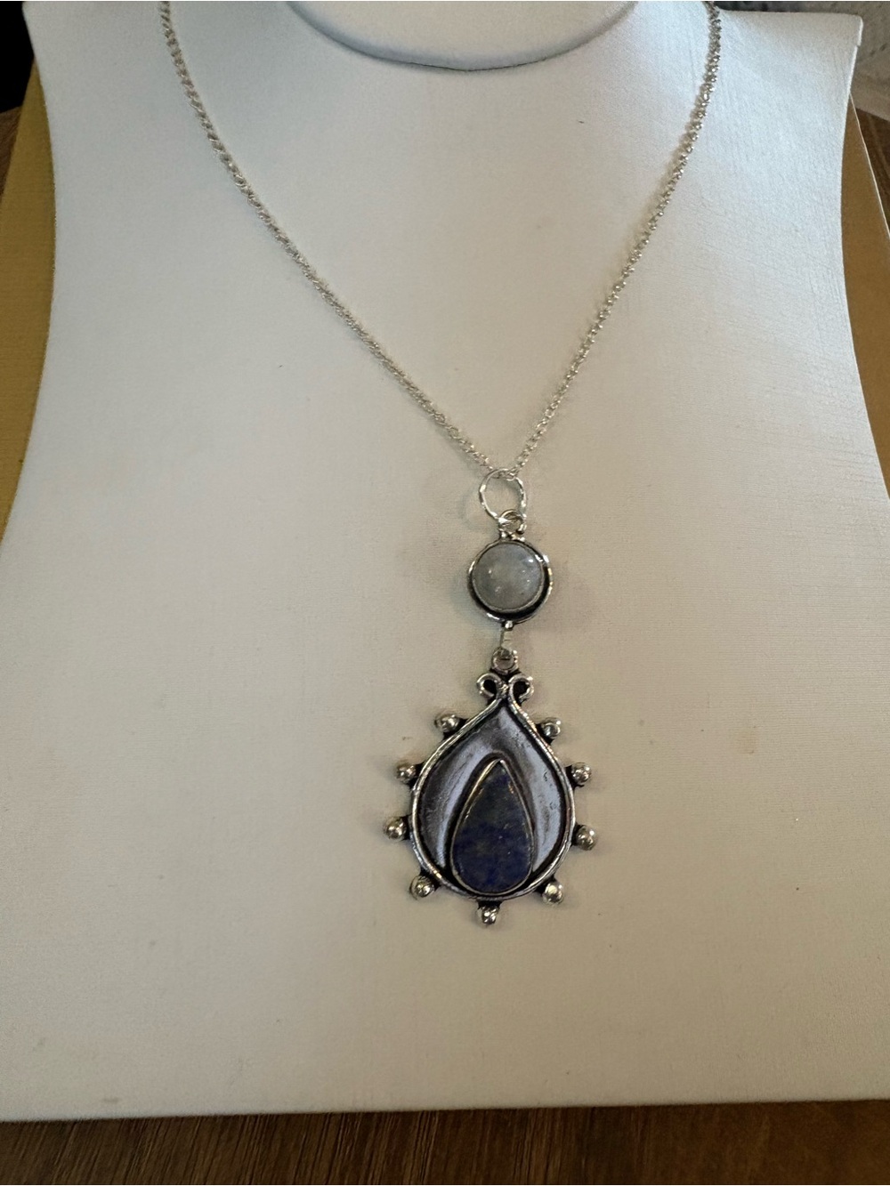 Silver Teardrop Pendant Necklace with Blue lapis and rainbow moonstone